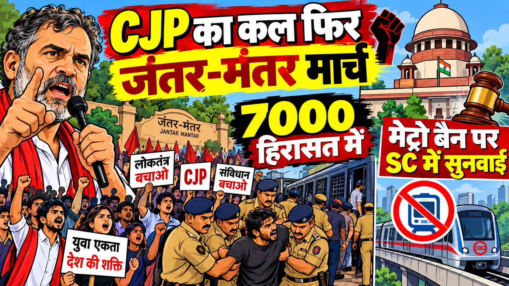 CJP का कल फिर जंतर-मंतर मार्च, 7000 हिरासत में, मेट्रो बैन पर SC में सुनवाई