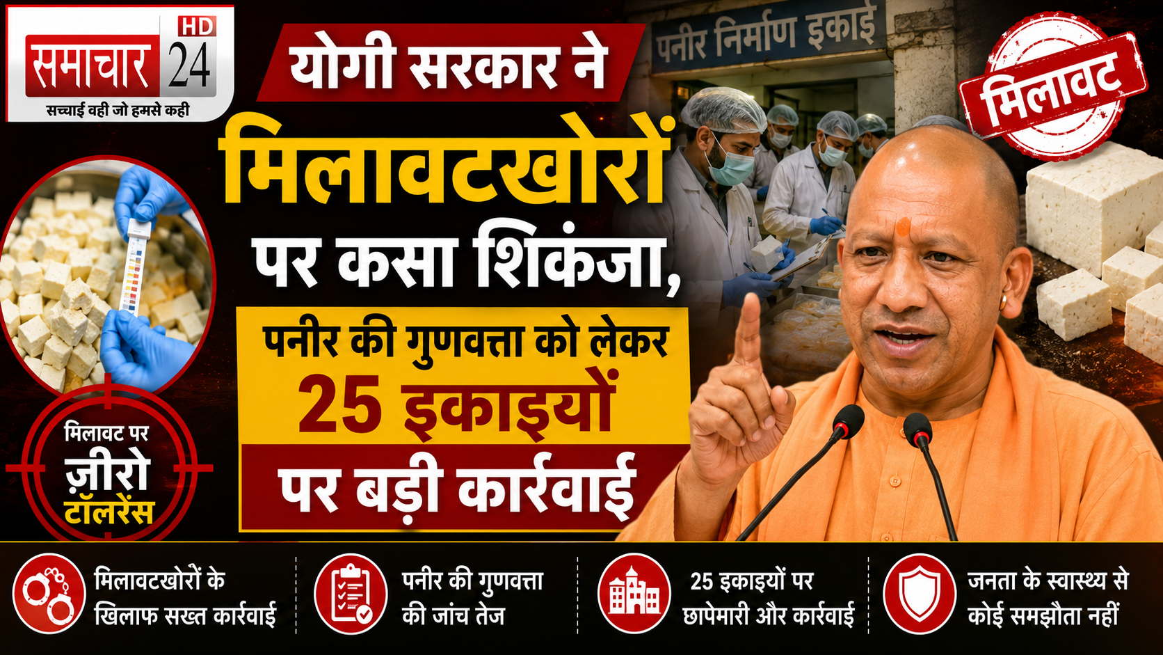 योगी सरकार ने मिलावटखोरों पर कसा शिकंजा, पनीर की गुणवत्ता को लेकर 25 इकाइयों पर बड़ी कार्रवाई