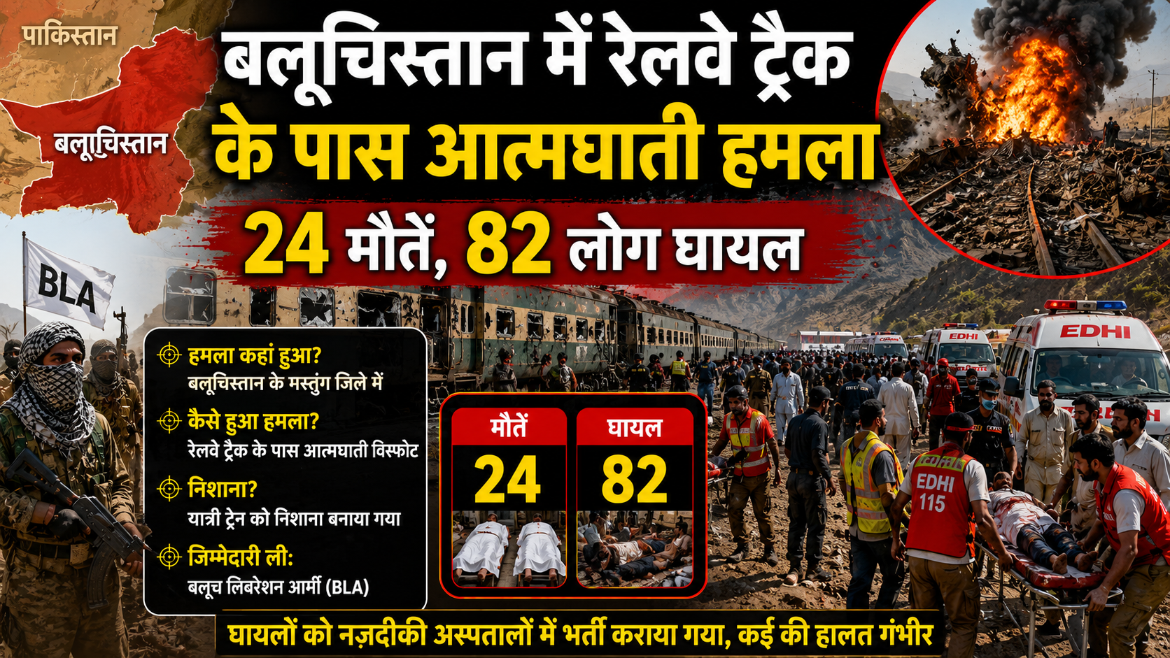 बलूचिस्तान में रेलवे ट्रैक के पास आत्मघाती हमला, 24 मौतें, 82 लोग घायल