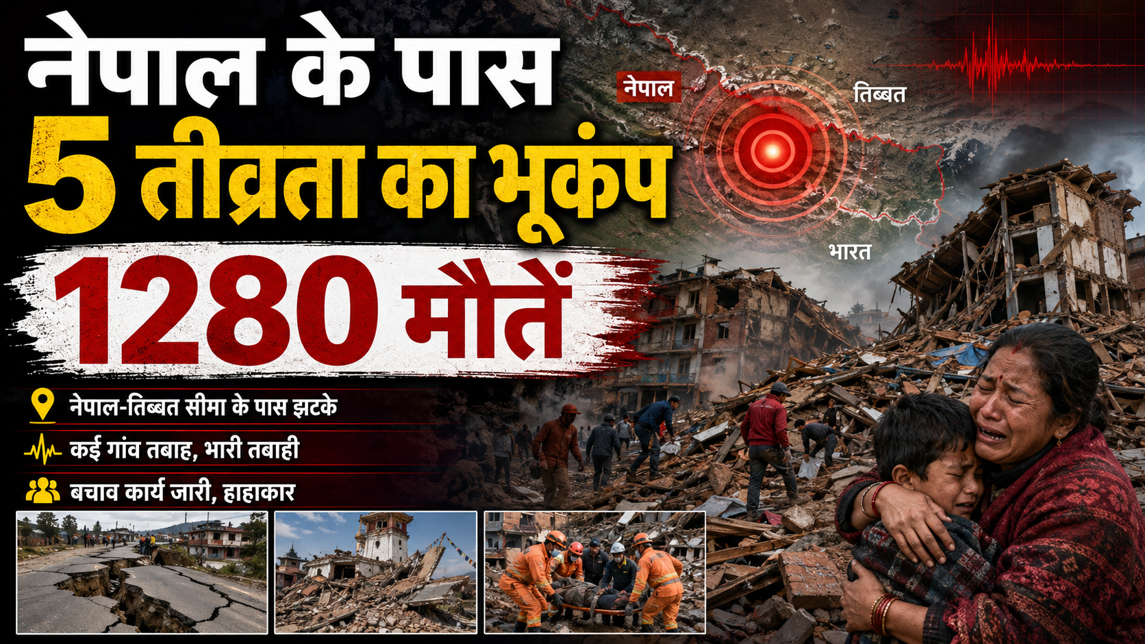 नेपाल के पास 5 तीव्रता का भूकंप, 1280 मौतें
