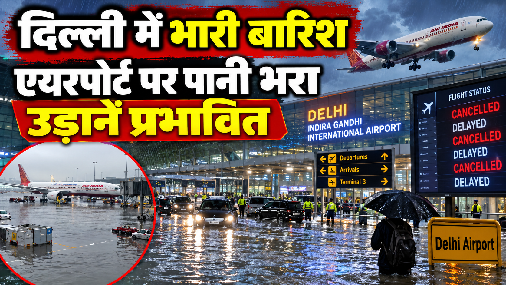 दिल्ली में भारी बारिश से एयरपोर्ट पर पानी भरा, उड़ानें प्रभावित