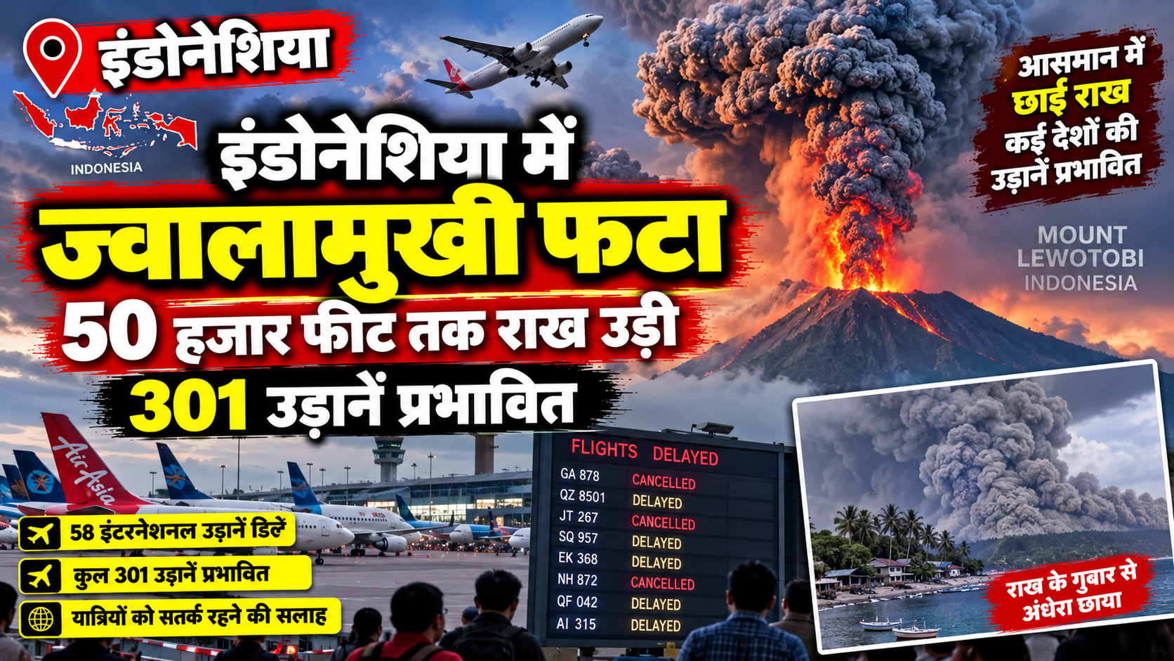 इंडोनेशिया में ज्वालामुखी फटा, 50 हजार फीट तक राख उड़ी, 301 उड़ानें प्रभावित