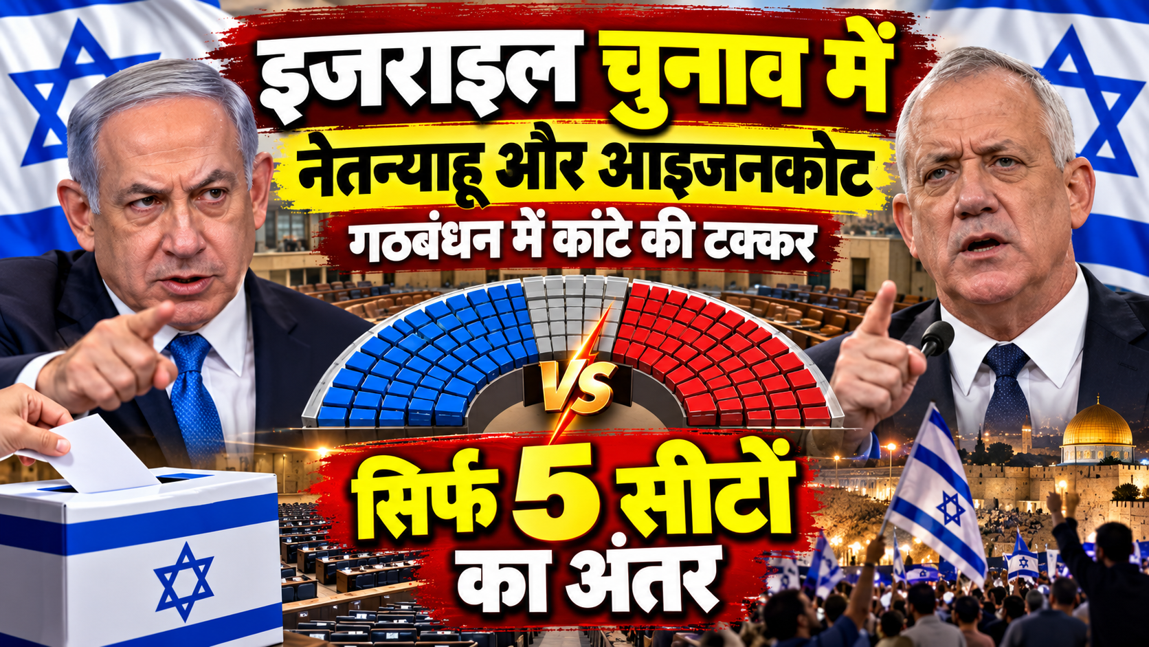 इजराइल चुनाव में नेतन्याहू और आइजनकोट गठबंधन में कांटे की टक्कर, सिर्फ 5 सीटों का अंतर