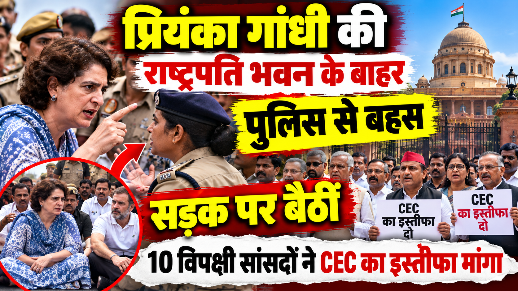 प्रियंका गांधी की राष्ट्रपति भवन के बाहर पुलिस से बहस, सड़क पर बैठीं, 10 विपक्षी सांसदों ने CEC का इस्तीफा मांगा