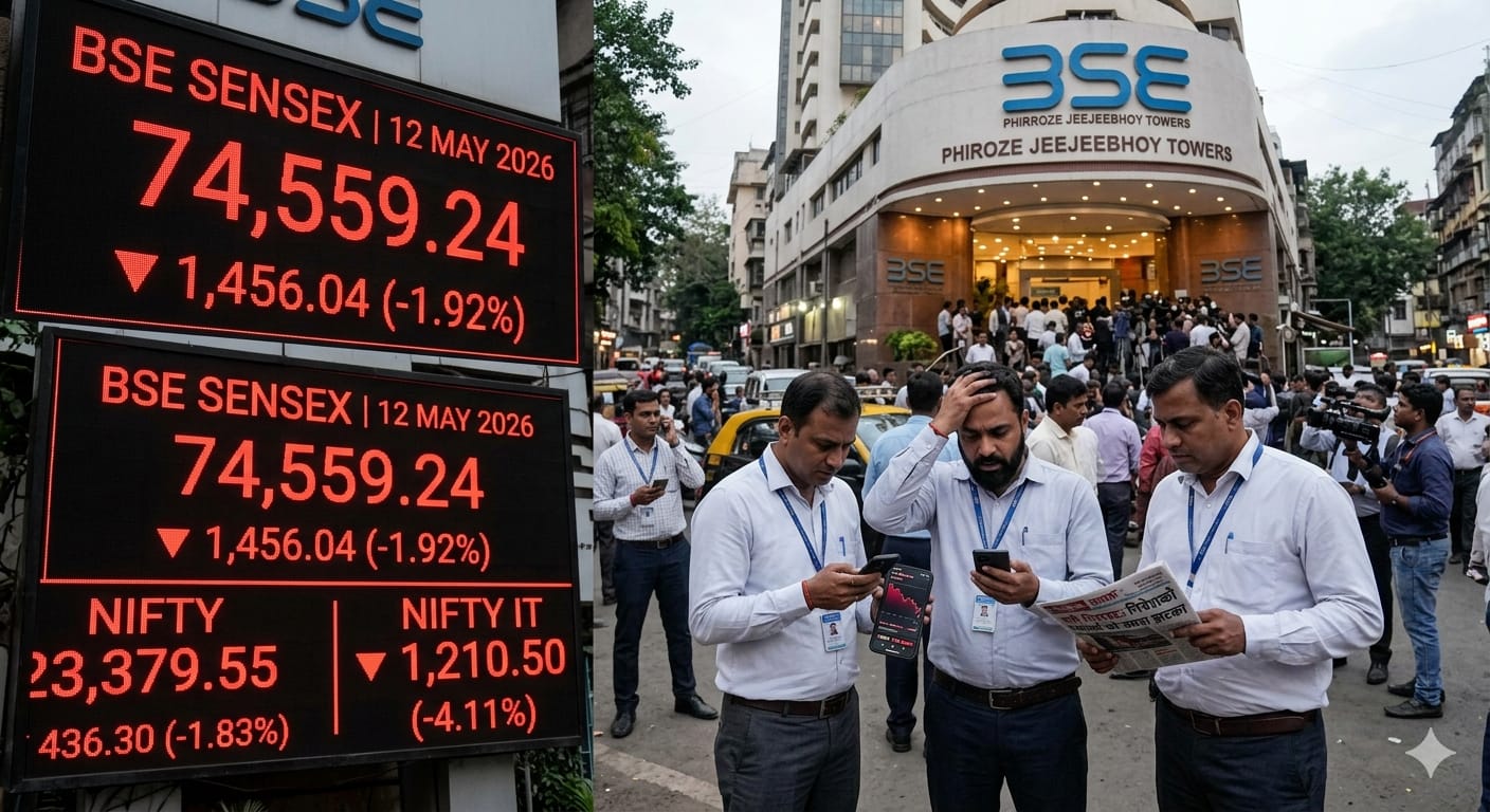 शेयर बाजार में 'ब्लैक ट्यूजडे': सेंसेक्स 1456 अंक टूटा, डूबे 12 लाख करोड़ रुपये