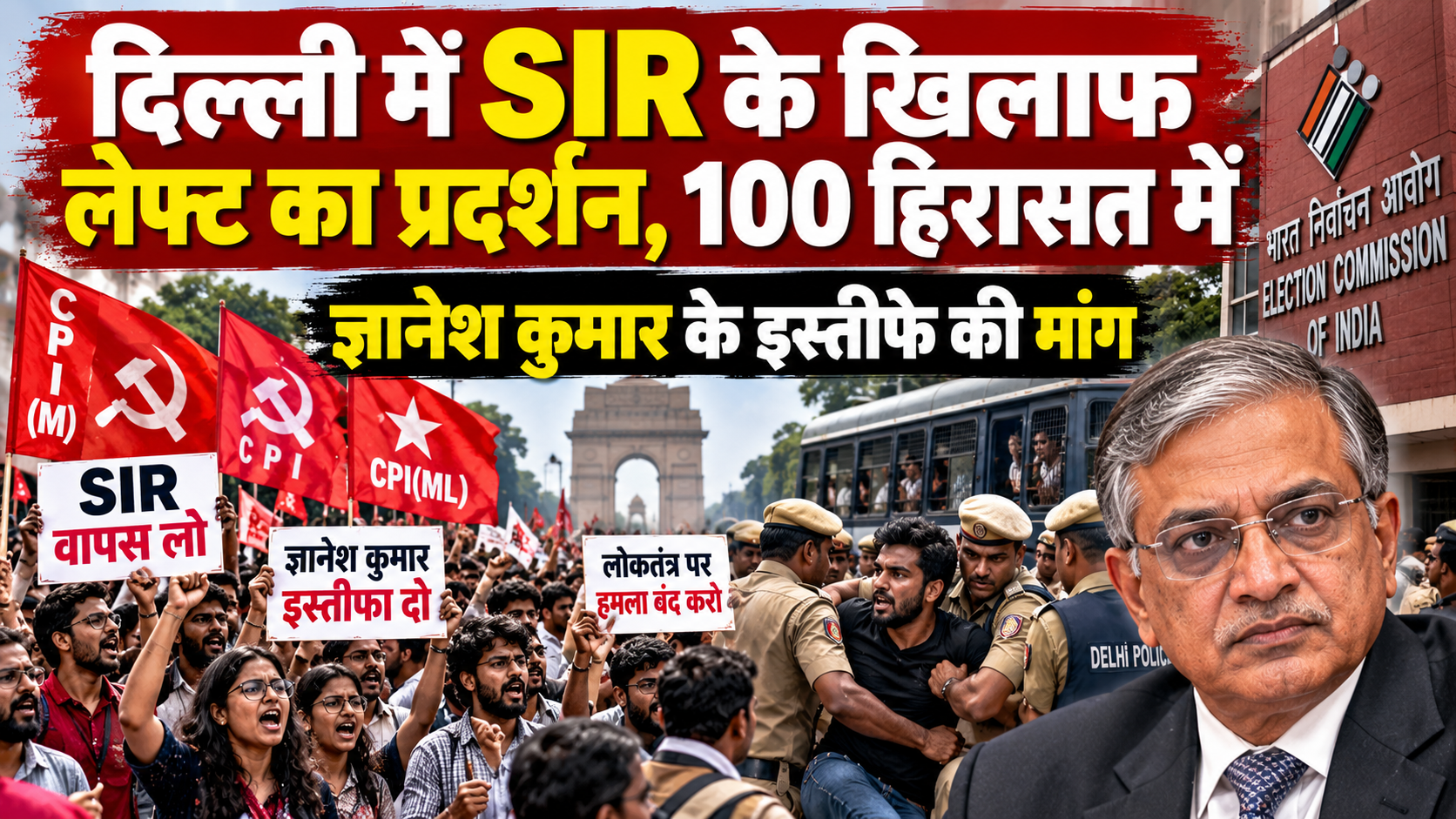 दिल्ली में SIR के खिलाफ लेफ्ट का प्रदर्शन, 100 हिरासत में; ज्ञानेश कुमार के इस्तीफे की मांग